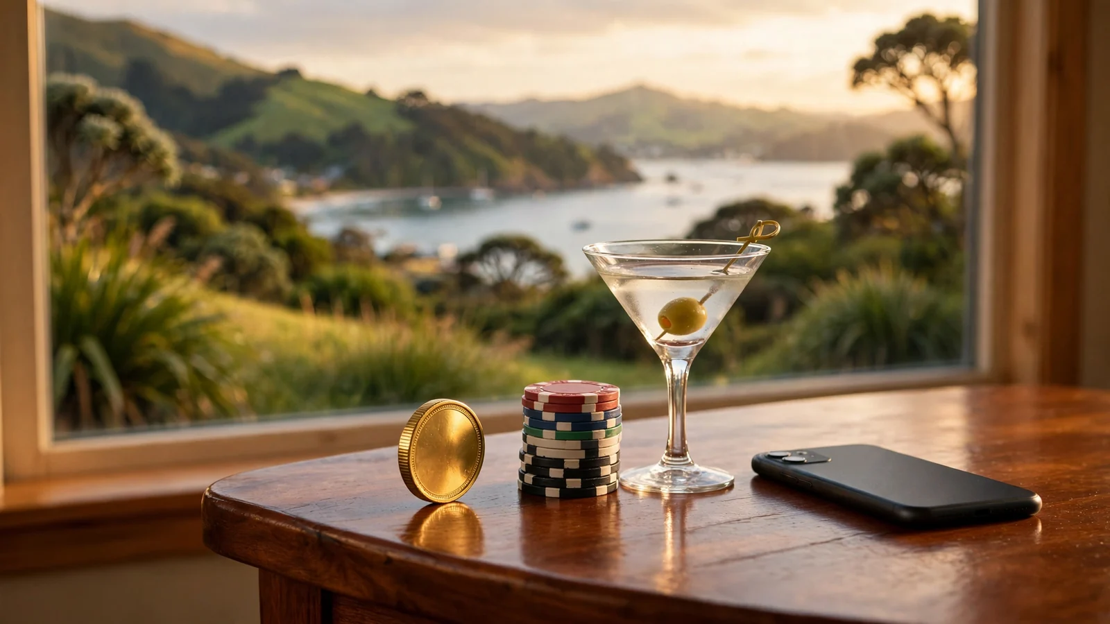 Gold coin, poker chips, and face-down smartphone on a table with New Zealand coastal view.