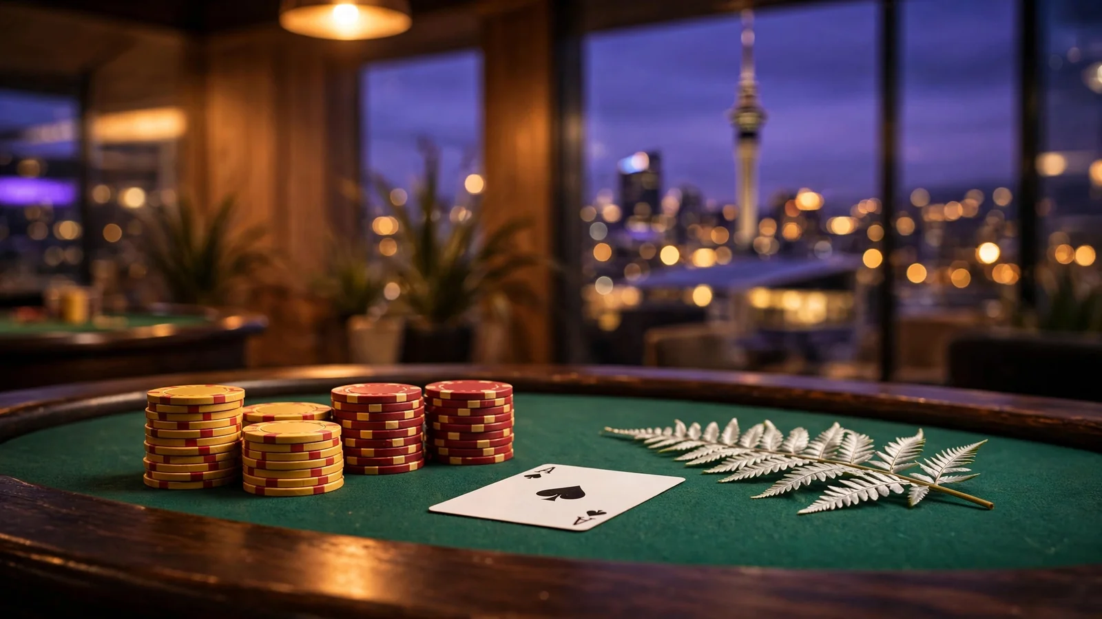 Casino table with stacked chips, ace card, silver fern, and Auckland skyline at dusk