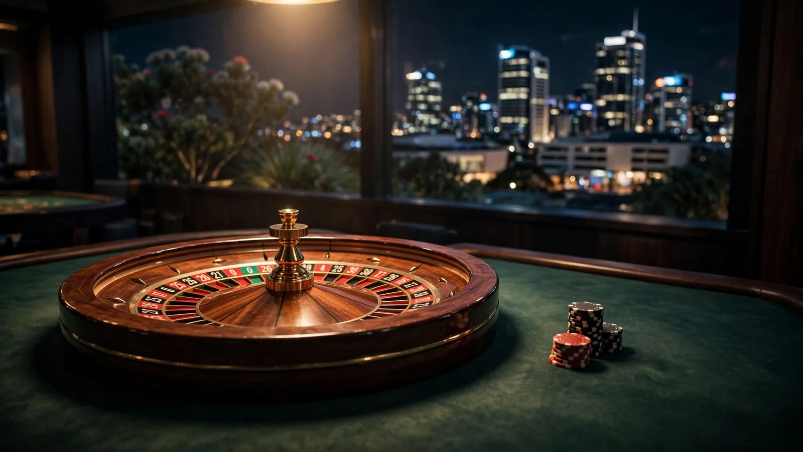American roulette wheel on a green casino table with chips, New Zealand city skyline at night