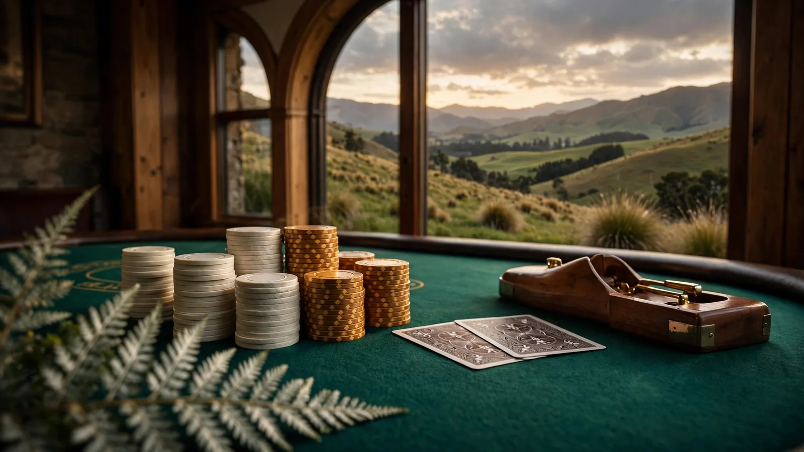 Elegant baccarat chips and cards with New Zealand landscape