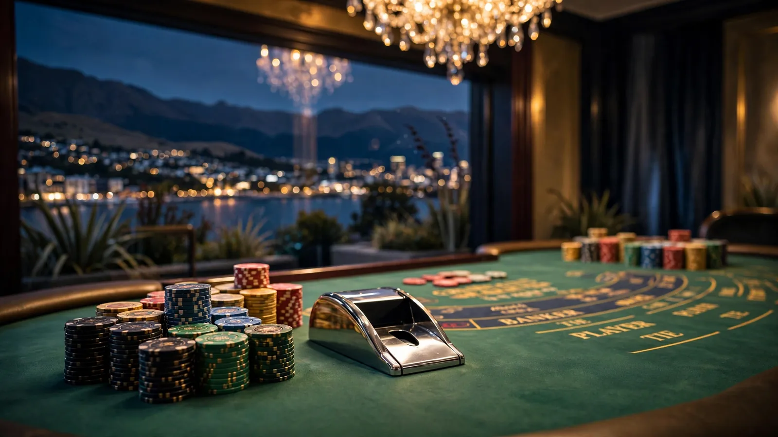 Elegant baccarat casino table with chips and card shoe, New Zealand city skyline at night