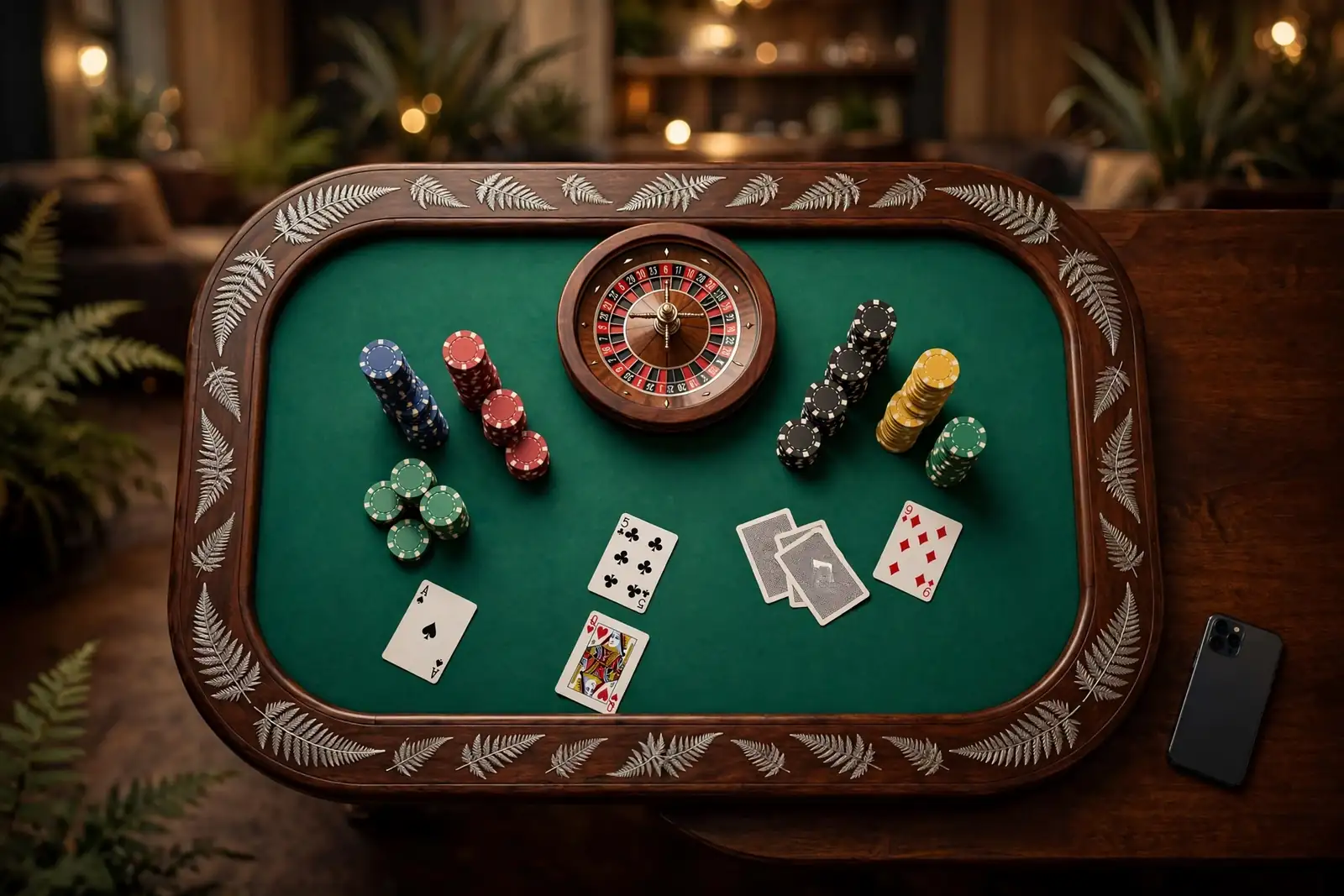 Overhead view of casino table with roulette wheel, chips, cards, and face-down phone