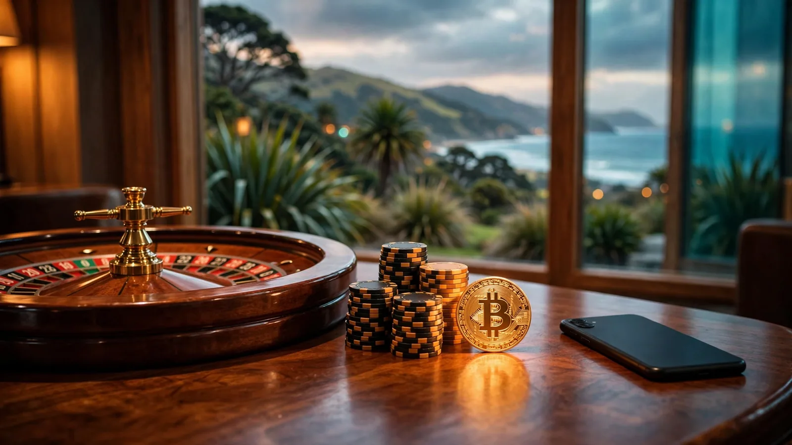 Roulette wheel, Bitcoin chip stack, glowing coin and face-down phone on a casino table with New Zealand coastal landscape behind.