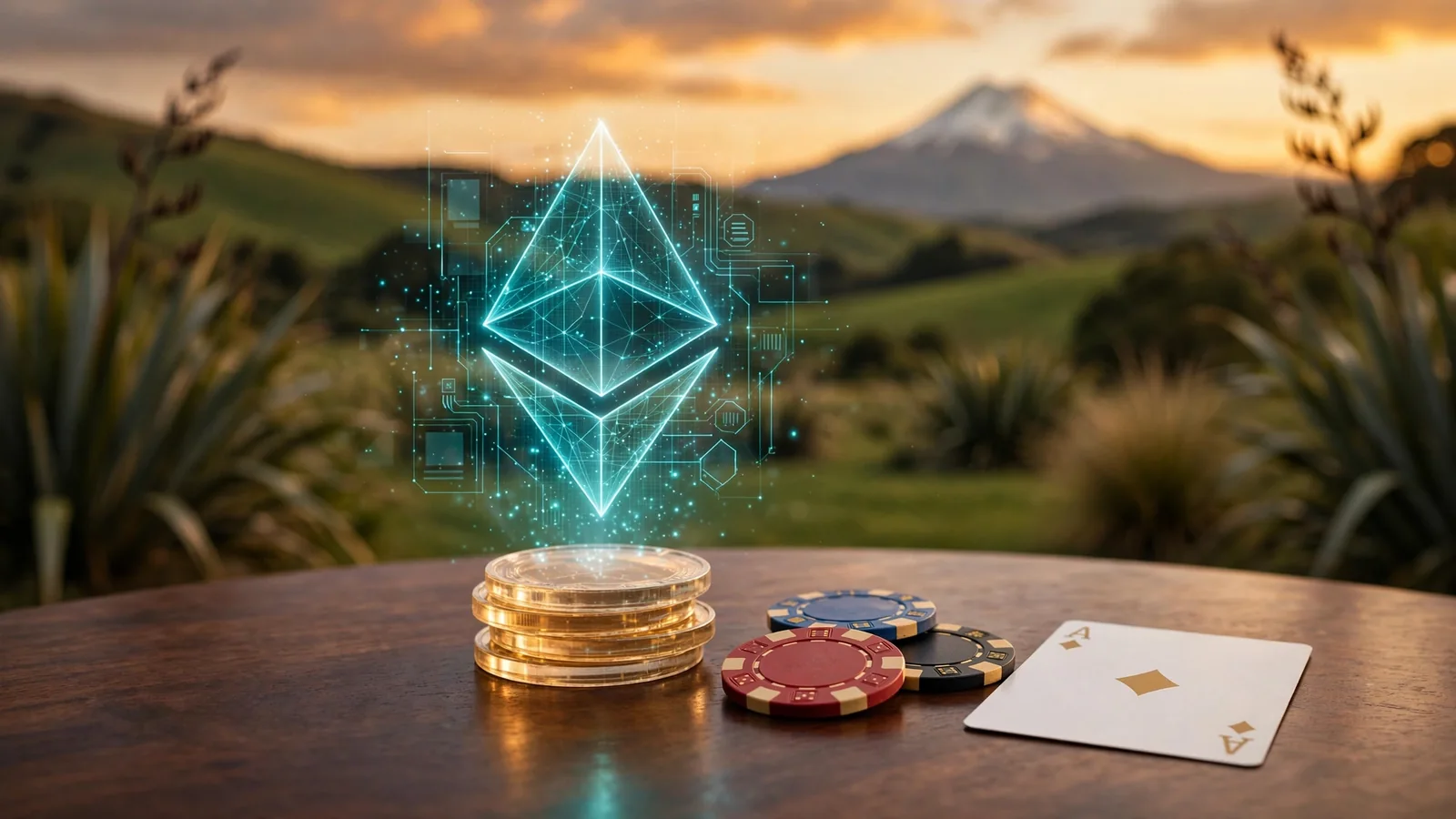 Ethereum symbol above casino chips with a New Zealand mountain landscape at dusk