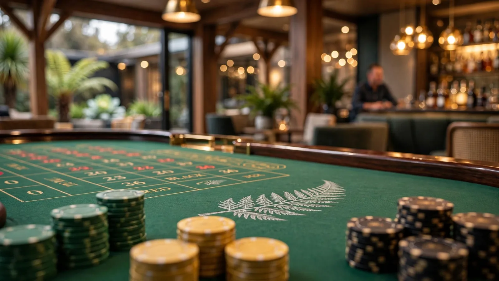 Stylized casino scene with roulette table, chips, and New Zealand silver fern motif.