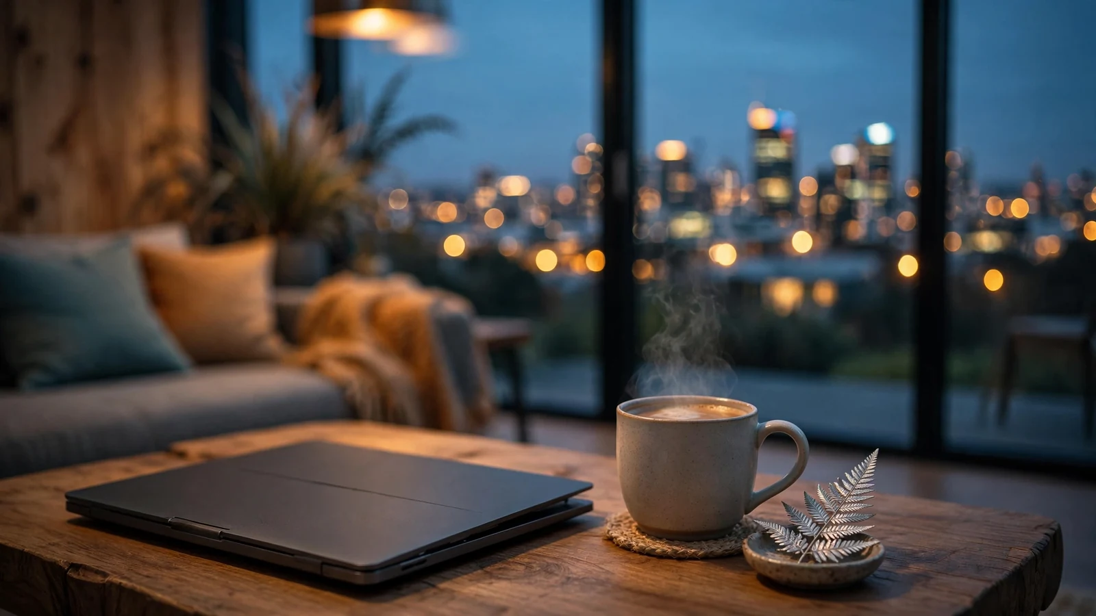 Modern New Zealand lounge at dusk with laptop and silver fern on coffee table