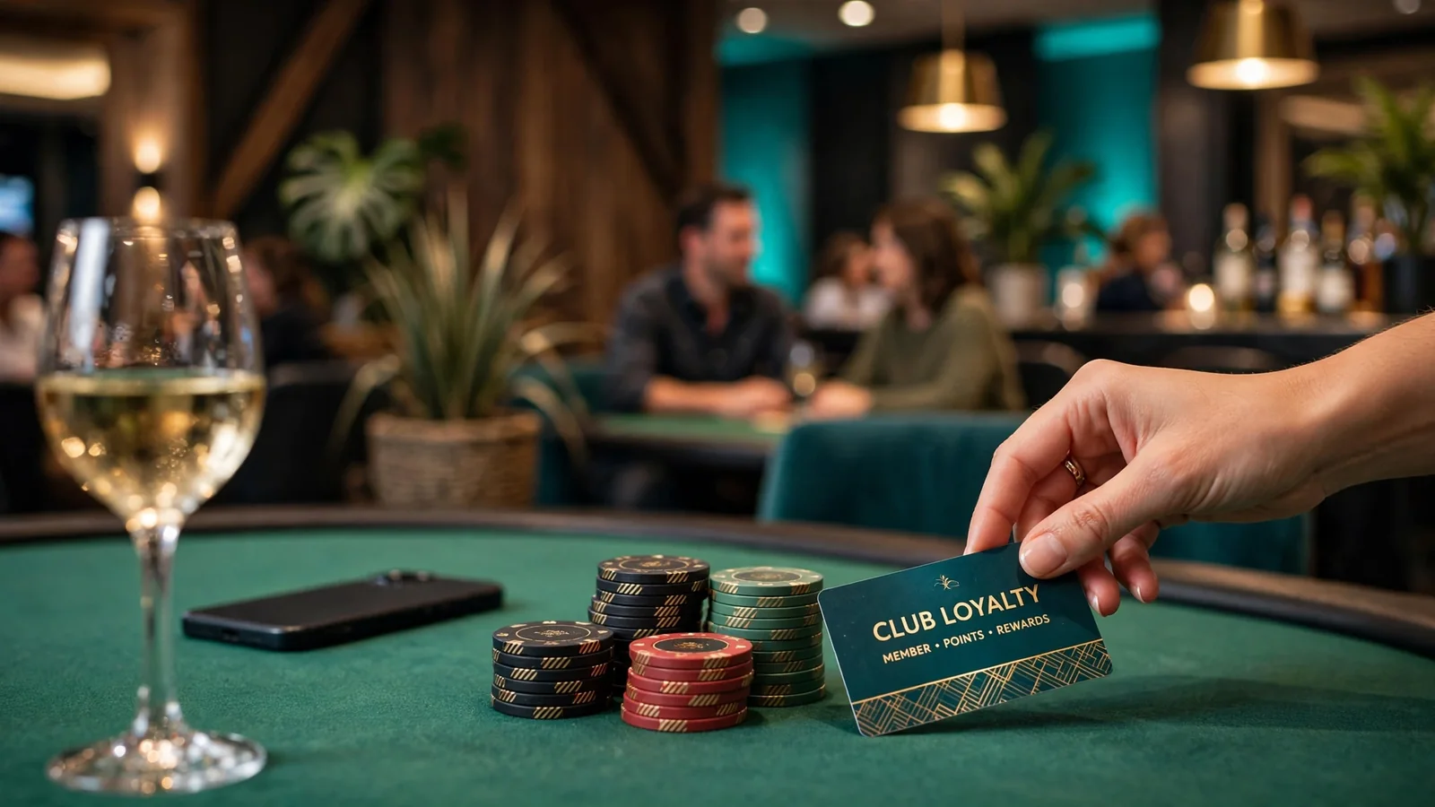Hand placing loyalty card and casino chips on felt table in New Zealand casino lounge.