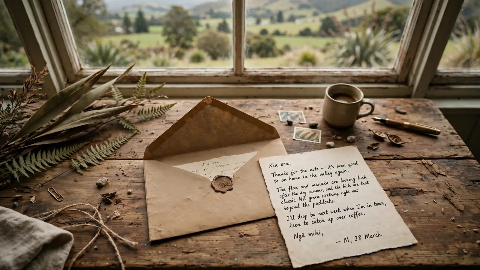 Open envelope with letter on wooden desk near window with New Zealand landscape view