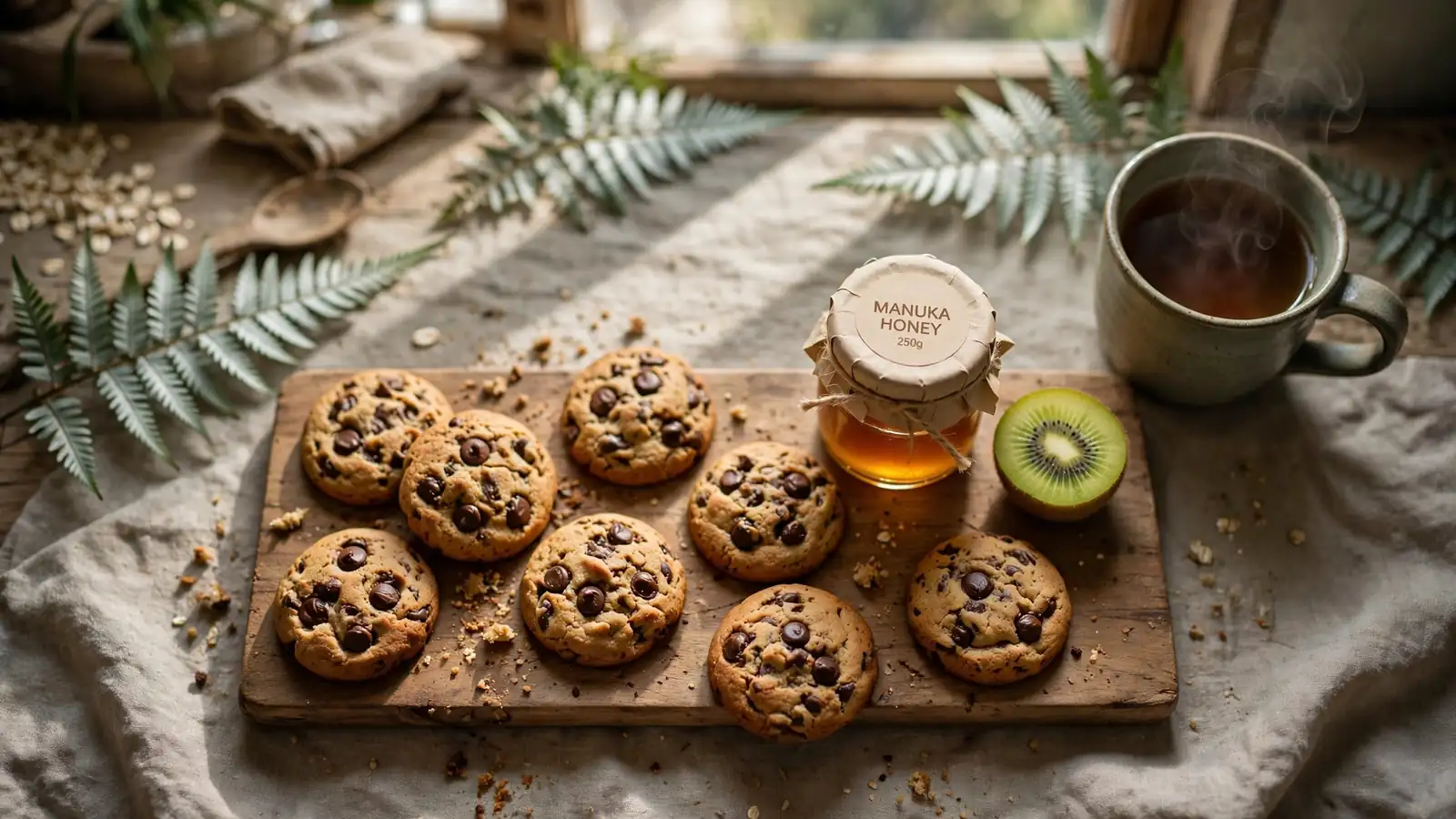 Freshly baked chocolate chip cookies with manuka honey and kiwi fruit on a wooden board.