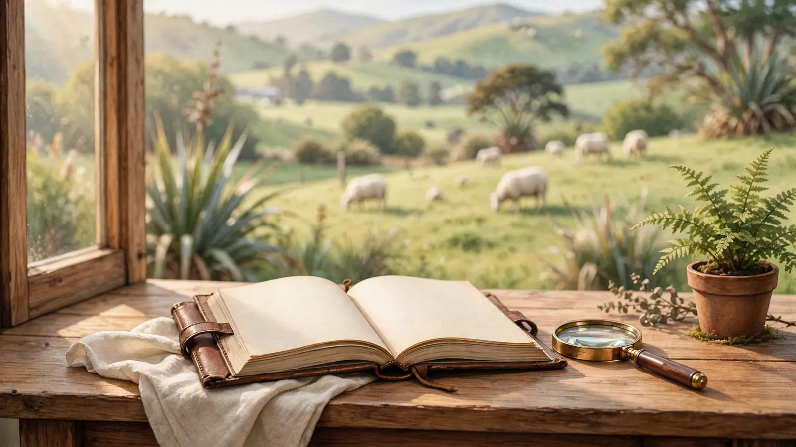 Open book with magnifying glass on a wooden desk with New Zealand hills in background