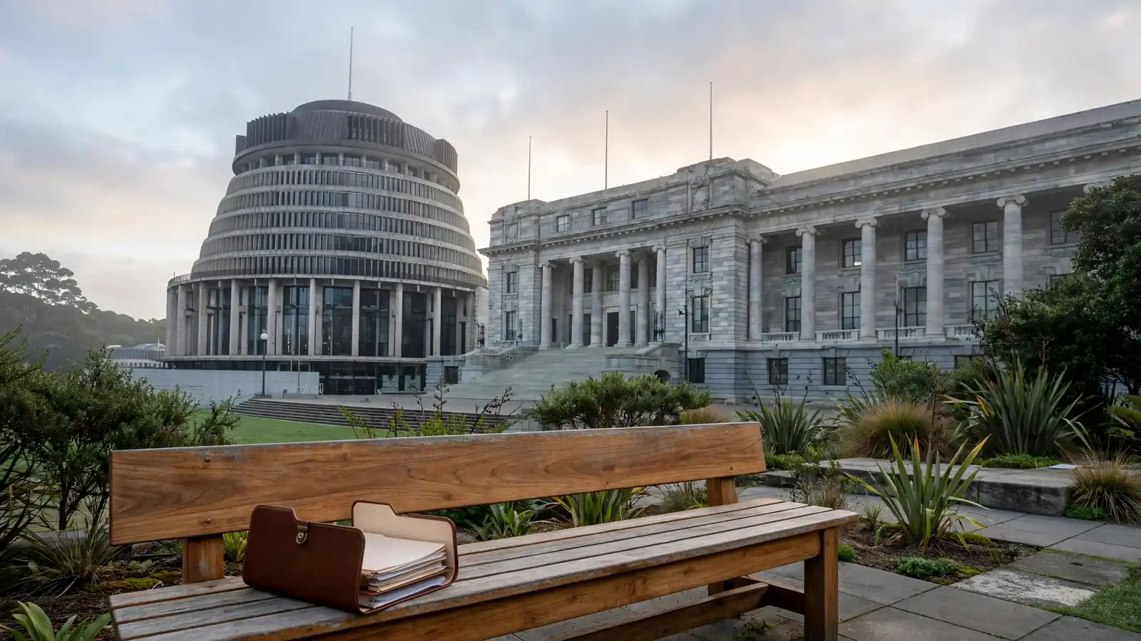 New Zealand Parliament buildings with an official documents folder in Wellington