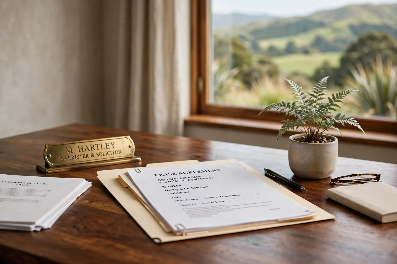 A polished desk with legal documents and a silver fern in a New Zealand office.