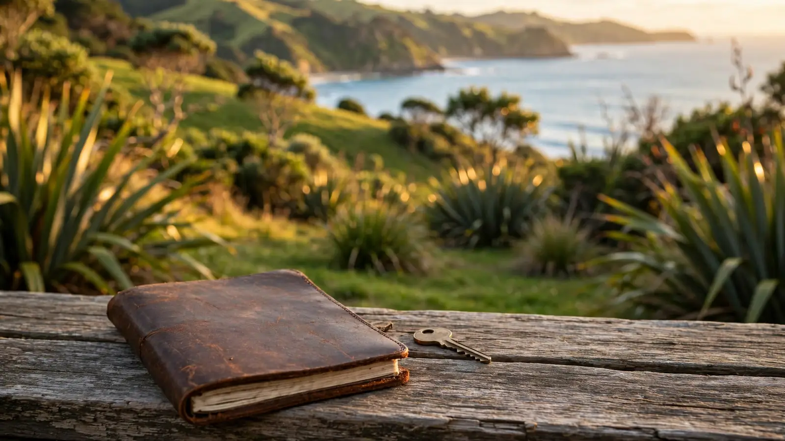 Closed leather notebook and key on a wooden table with a New Zealand coastal landscape in soft golden light