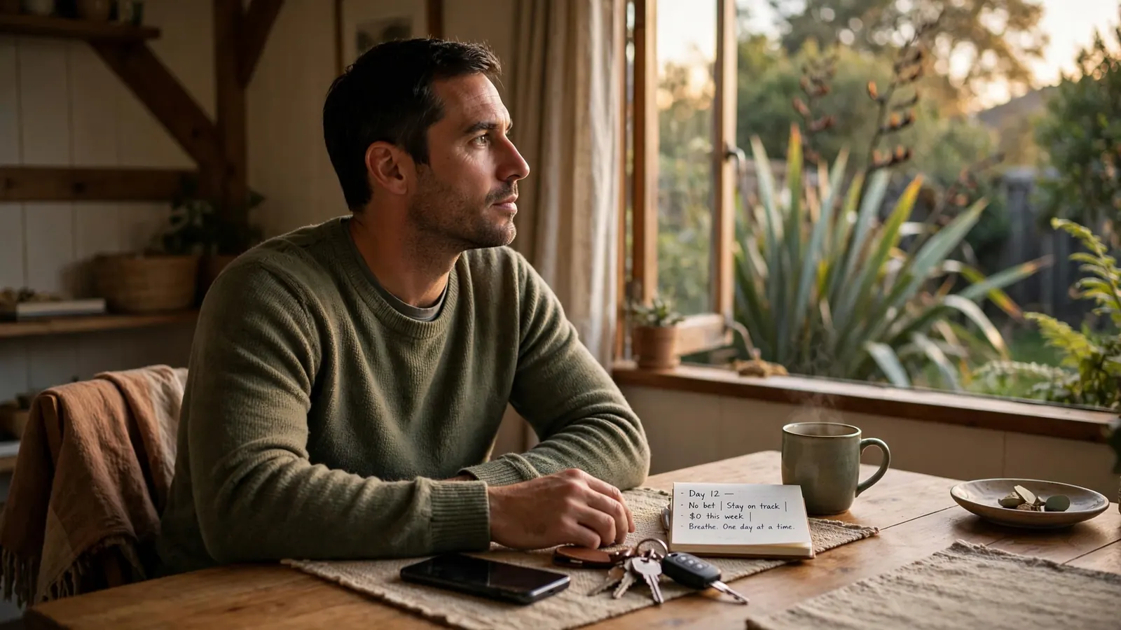 Person reflecting quietly at a table with a closed phone, symbolising responsible gambling awareness.