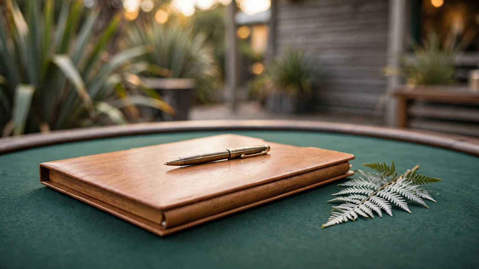 Document folder and pen on green felt with a silver fern leaf